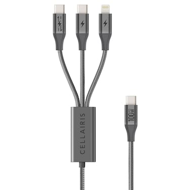 Cellairis Premium Nylon 3-in-1 PD 100W Charging Cable, Grey