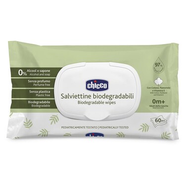 Chicco Biodegradable Baby Wipes with Flip Cover 0m+, 60 Wipes