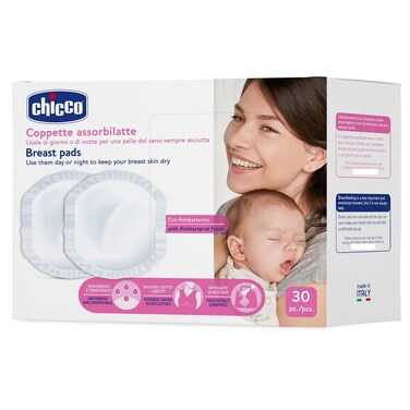 Chicco Antibacterial Breast Pads Soft and Breathable, White, 30 Pads