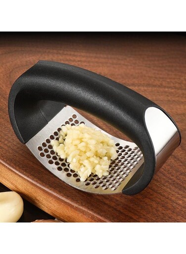 Steel Garlic Press Rocker Set - Premium Garlic Mincer Garlic Crusher - New Innovative Garlic Crusher with Peeler and Scraper - Comfortable Grip
