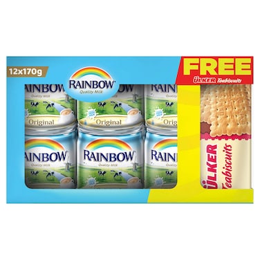 Rainbow Original Milk Powder, 170g, Pack of 12 + Free Ulker Tea Biscuits