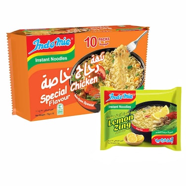 Indomie Special Chicken Flavour Instant Noodles 75g, Pack of 10 + Lemon Zing Instant Noodles 78g