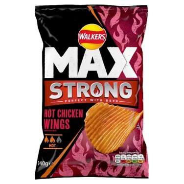 Walkers MAX Strong Hot Chicken Wings Flavour Ridged Potato Crisps, 150g