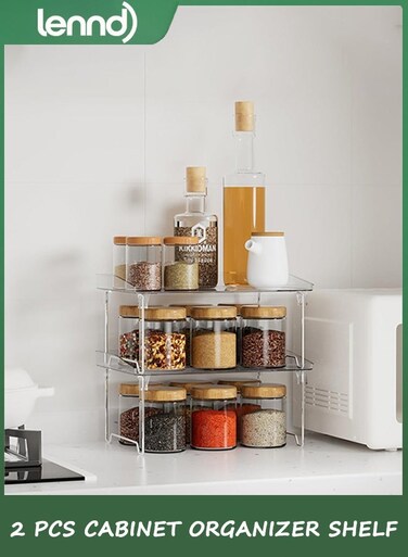 2 Pcs Cabinet Organizer Shelf, Stackable Kitchen Counter Shelves, Spice Rack,Countertop Organizers, Clear Plastic Storage Shelves Rack for Makeup,Bathroom,Cupboard,Desk,Pantry Organization