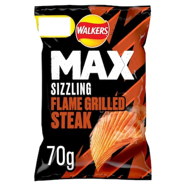 Walkers MAX Sizzling Flame Grilled Steak Flavour Ridged Potato Crisps, 70g