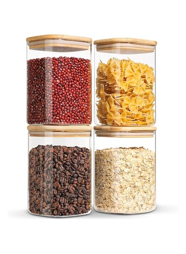 ComSaf Airtight Glass Storage Canister with Wood Lid (37oz), Clear Food Storage Container Jar with Sealing Bamboo Lid for Noodles Flour Cereal Rice Sugar Tea Coffee Beans, Square Set of 4