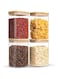 ComSaf Airtight Glass Storage Canister with Wood Lid (37oz), Clear Food Storage Container Jar with Sealing Bamboo Lid for Noodles Flour Cereal Rice Sugar Tea Coffee Beans, Square Set of 4