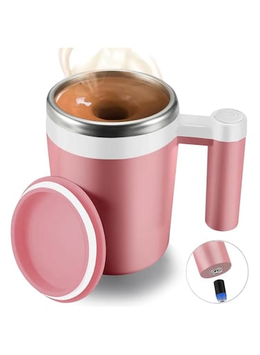 Self Stirring Mug,Auto Magnetic Coffee Mug,Self Mixing Stainless Steel Cup for Coffee/Milk/Cocoa Mug for Office/Kitchen/Travel [Support Magnetic Charging][Include 2Pc Stir Bar] 14Oz Best Gift - Pink