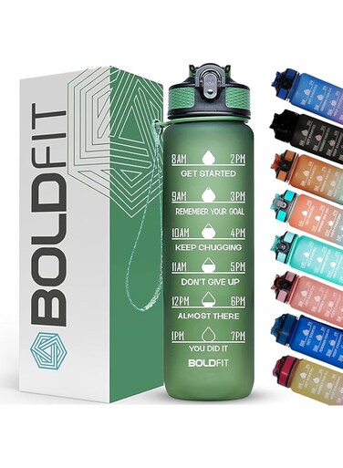 Boldfit Water Bottles 1 Litre Sipper Bottle For Adults, Kids, Unbreakable Motivational Water Bottle Time Mark Sipper With Straw Time For Office School Home Water Bottle for Kids - Huntergreen Plastic