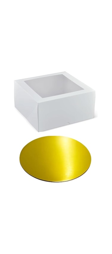 Al FAKHAMA 10 Inch Cake Box Easy Assembly With Top Clear Window (10 Inch Length x 10 Inch Width x 4.5 Inch Tall) With Gold 9 Inch Cake Board, Sturdy, Perfect for Carrying Cakes And Pastries - 1 Pack