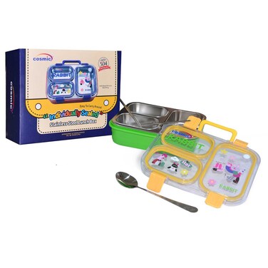 Cosmic SUS304 Stainless Steel 3-Compartment Lunch Box with Spoon and Carry Handle LB-10011, 750ml, Assorted