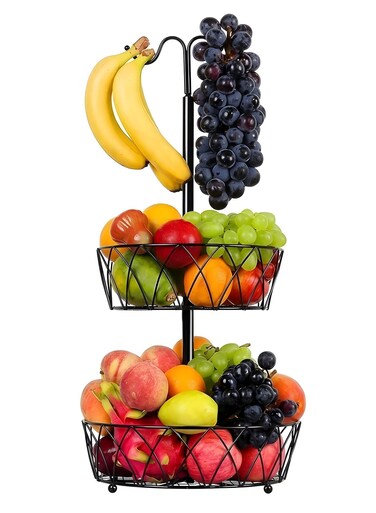 Fruit Bowls, 2 Tier Fruit Basket, Countertop Fruit Vegetables Bowl Stand Holder with Banana Hanger , Detachable Metal Wire Storage Baskets for Kitchen Counter Black