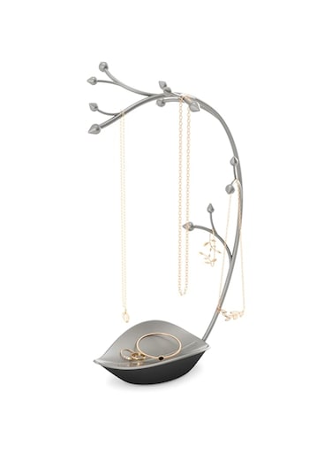 Umbra Orchid Jewelry Organizer And Necklace Holder With Built-In Dish For Rings, Earrings, And Bracelets, Gun Metal