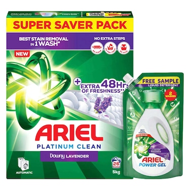 Ariel Platinum Clean Downy Lavender Laundry Detergent Powder, 5kg + Power Gel Liquid Detergent, 300ml