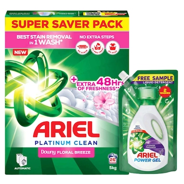 Ariel Platinum Clean Downy Floral Breeze Laundry Detergent Powder, 5kg + Power Gel Liquid Detergent, 300ml