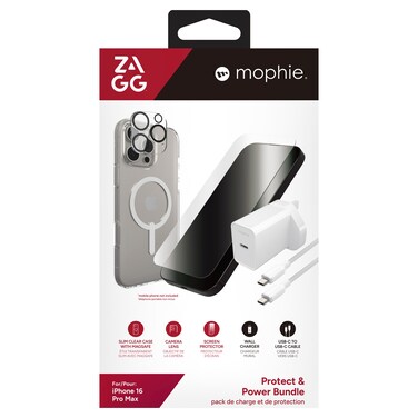 زاغ مجموعة  للحماية والطاقة لهاتف آيفون 16برو ماكس ، تتضمن حافظة شفافة متوافقة مع MagSafe، وواقيًا لعدسة الكاميرا، وواقيًا للشاشة، وشاحنًا جداريًا، وكابل USB-C.