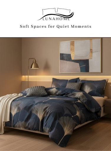 Home Queen size 6 Pieces set: 1 Duvet cover - 200*230cm.; 1 Flat sheet - 230*250cm.; 4 Pillow cases - 50*75cm. Bedding Set without filling, Elegant Leaf Design, Dark Blue .