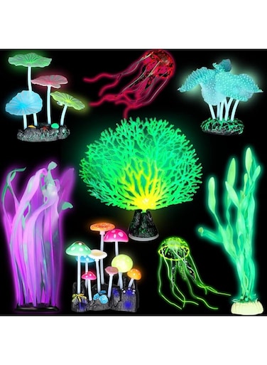 Tazweeq Glowing Fish Tank Decorations Plants with 2 Style, Glowing Seaweed, Anemones, Imitation Coral, Jellyfish, Lotus Leaves, Mushrooms For Aquarium Decoration
