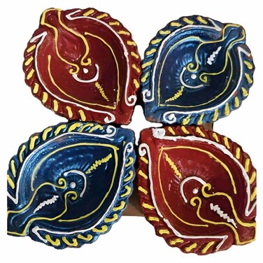 Windcera Decorative Clay Diya Set with Hand-Painted Traditional Paisley Design, 4 PCS