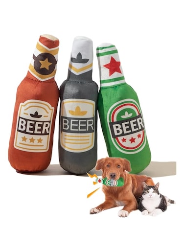 NeoStyle Pet Squeak Toys,Funny Plush Squeaky Toys for Dogs and Cats,Bottle Plush Dog &amp; Cat Squeak Toy,Cat Toys,Presents for Pets (Beer Bottle 3pcs)
