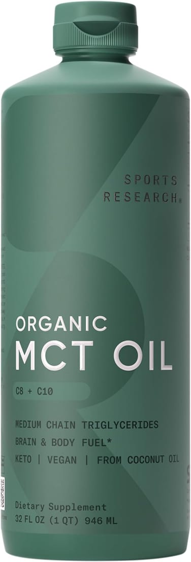 زيت MCT العضوي من سبورتس ريسيرش، مستخلص من جوز الهند العضوي غير المعدل وراثيًا، رائع في قهوة الكيتو والشاي والعصائر وتتبيلات السلطة، معتمد من مشروع غير معدل وراثيًا ونباتي، بدون نكهة (32 أونصة)