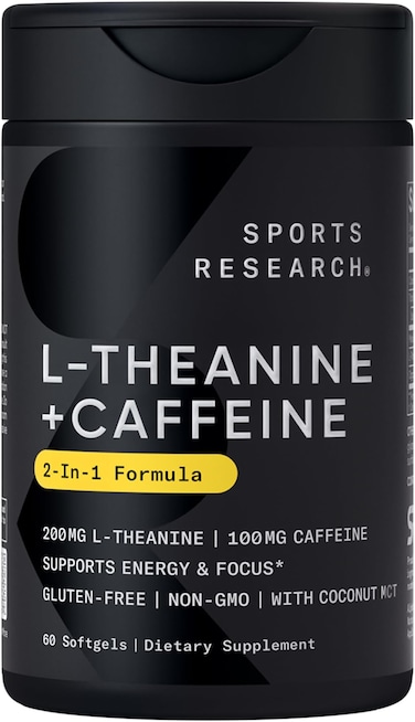 Sports Research L-Theanine 200 mg &amp; Caffeine 100 mg, with MCT Oil 500 mg, Focused Energy, Keto + Paleo Certified, 60 Softgels