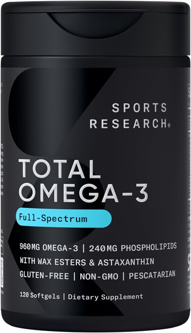 Sports Research Total Omega-3 Fish Oil 120 Softgels, Full-Spectrum Omega Blend with EPA &amp; DHA, Wild-Caught Fish &amp; Krill Oils, Non-GMO &amp; Gluten-Free Supplement