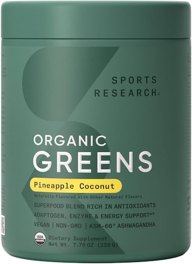 Sports Research Organic Pineapple Coconut Greens, Digestive Health, Natural Energy &amp; Mood Support, Certified Organic Powder, 20 Servings