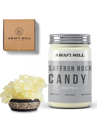 AWAFI MILL Saffron Rock Candy Sugar (Nabat) - Crystalized Sugar with Saffron   Exquisite Saffron-Infused Nabat Delights (Bottle of 250 gram / 9 Oz)