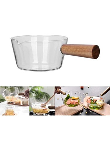 ZHANGZONG 400ML Glass Pot with Lid,Milk Glass Pot with Wooden Handle,Milk Frothing Jug for Making Coffee Cappuccino, Heat-Resistant Glass Clear Pan Stew Cooker Milk,Baby Food,Pasta Noodles,Soup