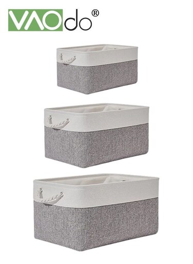 3PCS Cotton Linen Storage Box Foldable Storage Box With Cotton Handle Non-woven Fabric Dustproof Storage Basket Gray