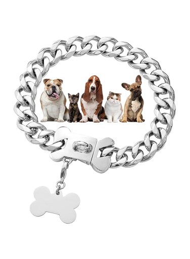 W/W Lifetime Silver Chain Dog Collar 15mm Stainless Steel Cuban Link Dog Collar with Secure Snap Buckle Silver Dog Chain Metal Collar for Small Pitbull (15MM, 12")