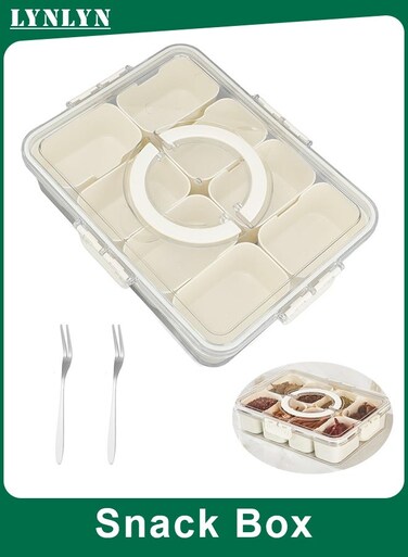 8-Compartment Snack Box with Lid and Handle, Airtight Divided Serving Tray with 2 Fruit Forks for Fruits, Nuts, Candy, Parties