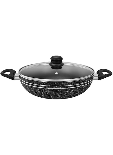 Royalford Aluminium Wok Pan, 28 CM   Induction Safe Frying Pan with Non-Stick Coating &amp; Tempered Glass Lid   Saute/Frying pan with Heat-Resistant Handle   Stir Fry Cookware Pan, PFOA