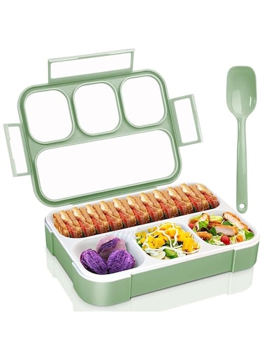 ZANIC Leak Proof 4 Compartment Lunch Box Reusable Microwave Freezer Safe Food Containers with Spoon for Adults and Kids (1Pc - Multicolor) PP Food Grade Plastic (Green)