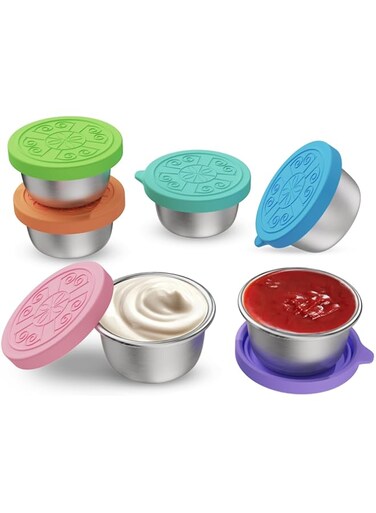 6PCS Salad Dressing Container To Go, Dressing Containers with Lids, 1.6 Oz Small Reusable Stainless Steel Sauce Containers for Lunch Boxes, with Leakproof Silicone Lids, Picnics and Travel