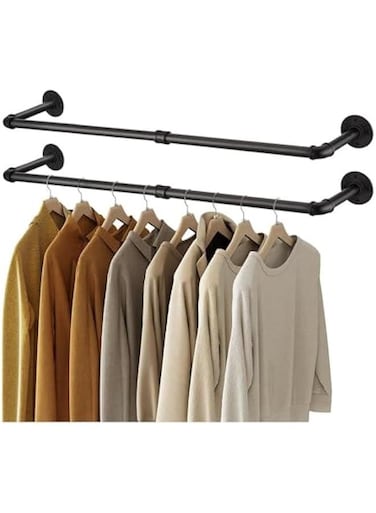 Clothes Rack, 36.4 Inch Industrial Pipe Wall Mounted Garment Rack, Space-Saving, Heavy Duty Detachable Garment Bar, Multi-Purpose Hanging Rod for Closet 2 Base (2 Pack)