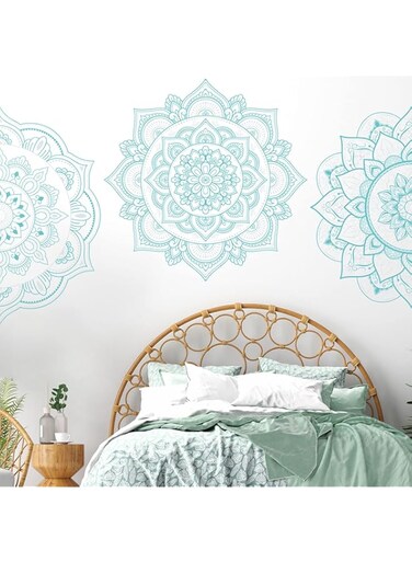 4 Pcs Half Mandala Wall Decal Boho Mandala Wall Sticker Hippie Mandala Vinyl Wall Decals Flower Wall Stickers Headboard Wall Decoration Indian Namaste Flower for Bedroom Living Room Yoga (Blue Green)