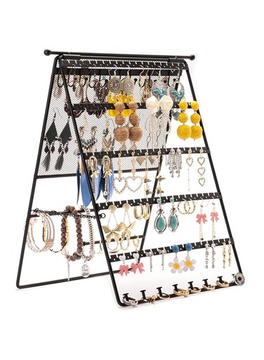 Azonee Earring Organizer Holder, 5-Tier Fold Jewelry Tower Necklace Bracelets Stud Earring Watches Stand Display for Girls Women, Double-side Jewelry Storage Earring Necklace Holder Rack