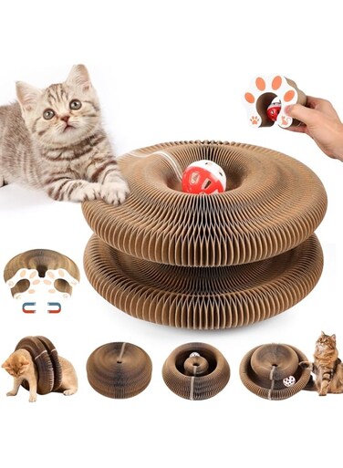 Angju Cat Toy, Magic Organ Cat Scratch Board Compact Cat Accordion Toy, Cardboard Cat Toys, Interactive Scratch Pad Cat Toy with Toy Bell Ball