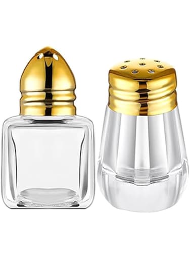 Tazweeq 48Pcs Mini Salt and Pepper Shakers, Small Clear Glass Bulk Individual Seasonings Shakers, Kitchen Decor &amp; Accessories, for Home Restaurants, 2 Styles (Gold Lids)