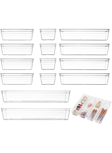 ECVV 14 PCS Clear Plastic Drawer Organizer Set, 4 Sizes Desk Drawer Divider Organizers Trays Storage Bins for Makeup, Bathroom, Kitchen, and Office