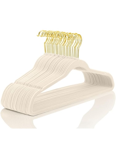 MIZGI Premium Velvet Hangers Pack 50 Pcs Heavyduty - Non Slip Slimline - Velvet Suit Hangers Ivory - Gold Hooks,Space Saving Clothes Hangers (Ivory) &hellip; &hellip;