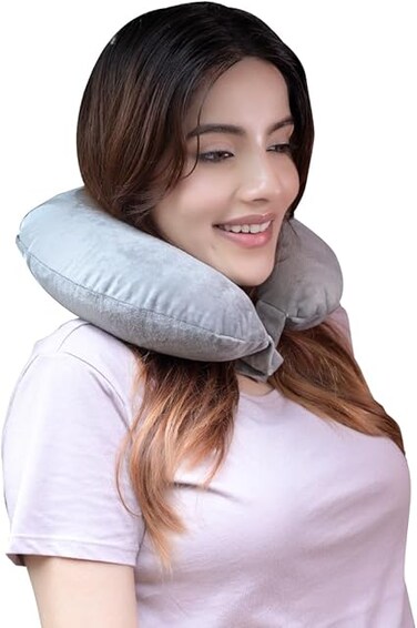 Travel Neck Pillow &acirc;&euro;&ldquo; Lightweight Neck Support for Flight, Car &amp; Train &acirc;&euro;&ldquo; Premium Velvet Cover, Grey &acirc;&euro;&ldquo; Comfortable Sleep for Men &amp; Women