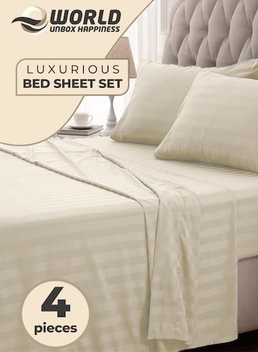 4-Piece Luxury King Size Cream Striped Bedding Set Includes 1 Duvet Cover (220x240cm), 1 Bedsheet (200x200cm), and 2 Pillow Cases (48x74+5cm) for Ultimate Hotel-Inspired Sophistication