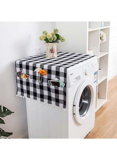 MAKINGTEC 51'' x 22'' Washer Dryer Top Covers, Cotton Fridge Dust Proof Cover, Washing Machine Top Cover with 6 Storage Pockets Bags, Kitchen Bathroom Home Decor, Black White Grey