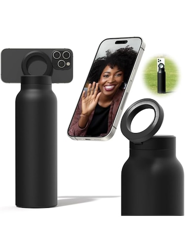 Azonee Insulated Water Bottle Compatible Magnetic Phone Holder, Stainless Steel 24oz Bottle with Mount Keeps Drinks Hot 12H Cold 24H 360&deg; Rotate, Black
