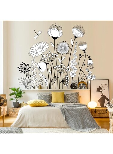 BPA 2 Sheets Vintage Black White Flowers Wall Decals Sketch Wildflower Wall Stickers Removable Peel and Stick Art Wall Mural for Bedroom Office Living Room Bathroom Windows Nursery Wall Decor
