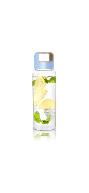 Borosil - Neo Glass Water Bottle Fridge Bottle Sports Bottle Yoga Bottle Outdoor Picnic Portable Easy to Carry Leak Proof Resusable With Blue Handle, Transparent, Clear, See Through Bottle, 550 ML