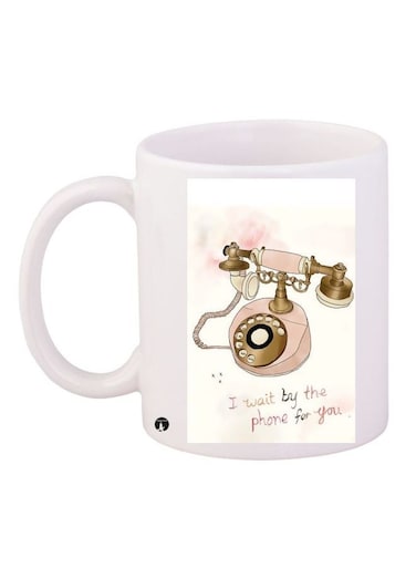 Vintage Telephone Printed Coffee Mug White/Pink/Brown 11ounce